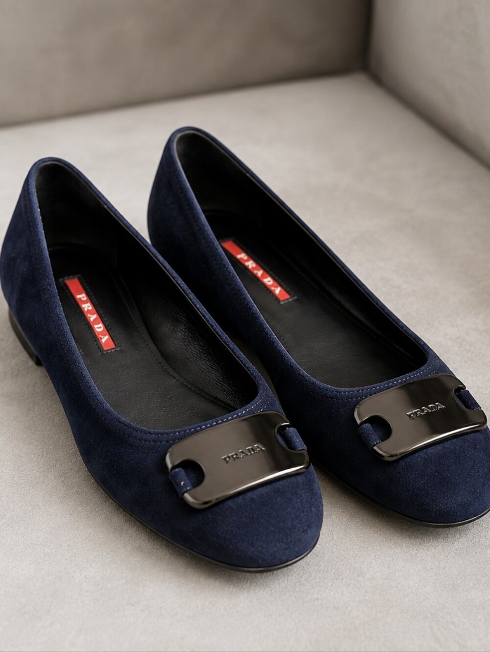 Authentic Prada Navy Suede Ballet Flats – Gunmetal Logo Plaque – EU 38.5 / US 8